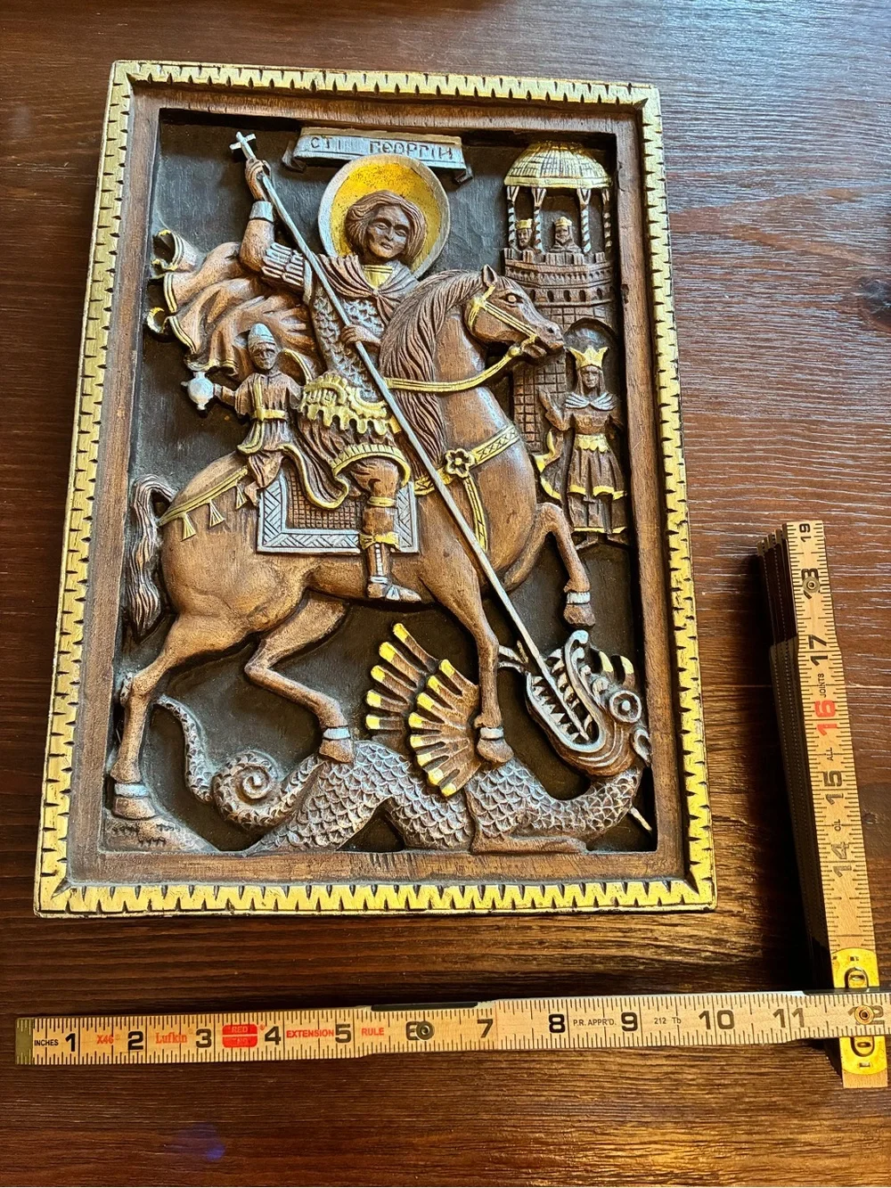 St George Slaying Dragon Carved Wood Relief Icon 3D Orthodox Wall Plaque FEB